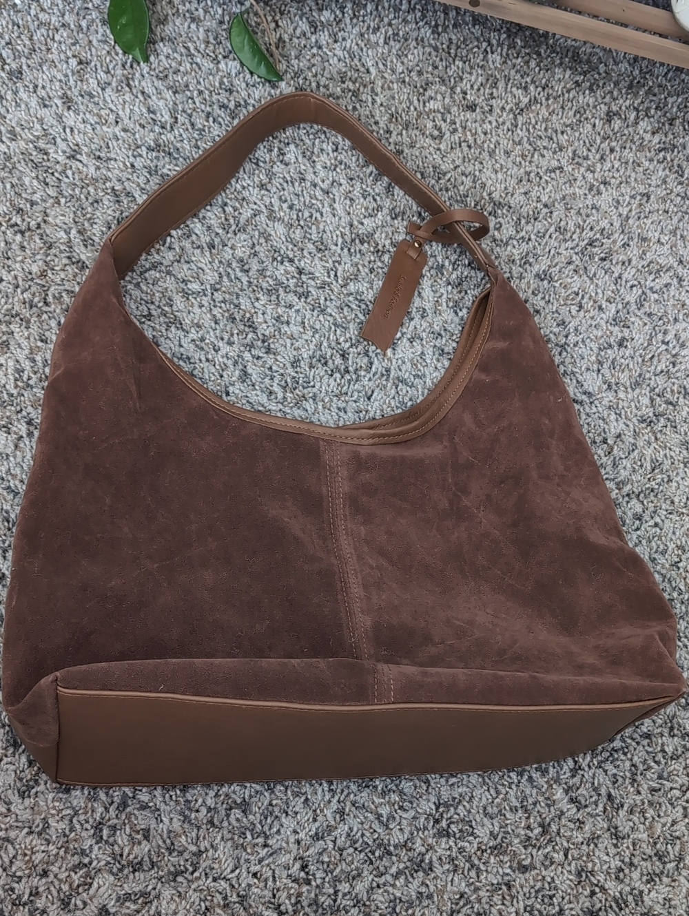 Brown Faux Suede/ Faux Leather Shoulder Bag
